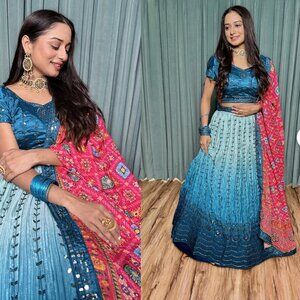 Beautiful Peacock Blue & Pink 3 Piece Desi Lehenga Choli